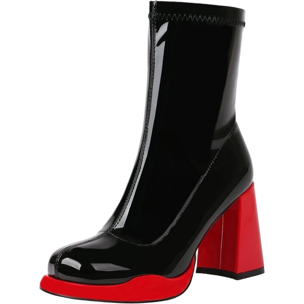 Women's Red Chunky Heel Ankle Boots Square Toe Mid Calf Side Zippers Boots
